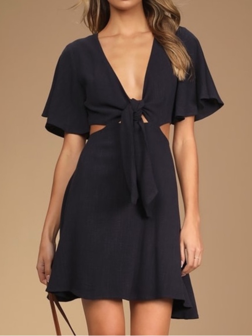 Lulu’s dark blue perfect day for love side cut out dress with tie